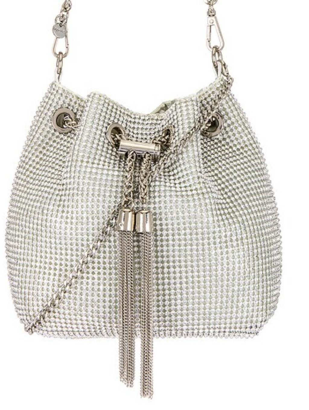 Olga Berg Silver Crystal Mesh Drawstring Bucket Crossbody Bag